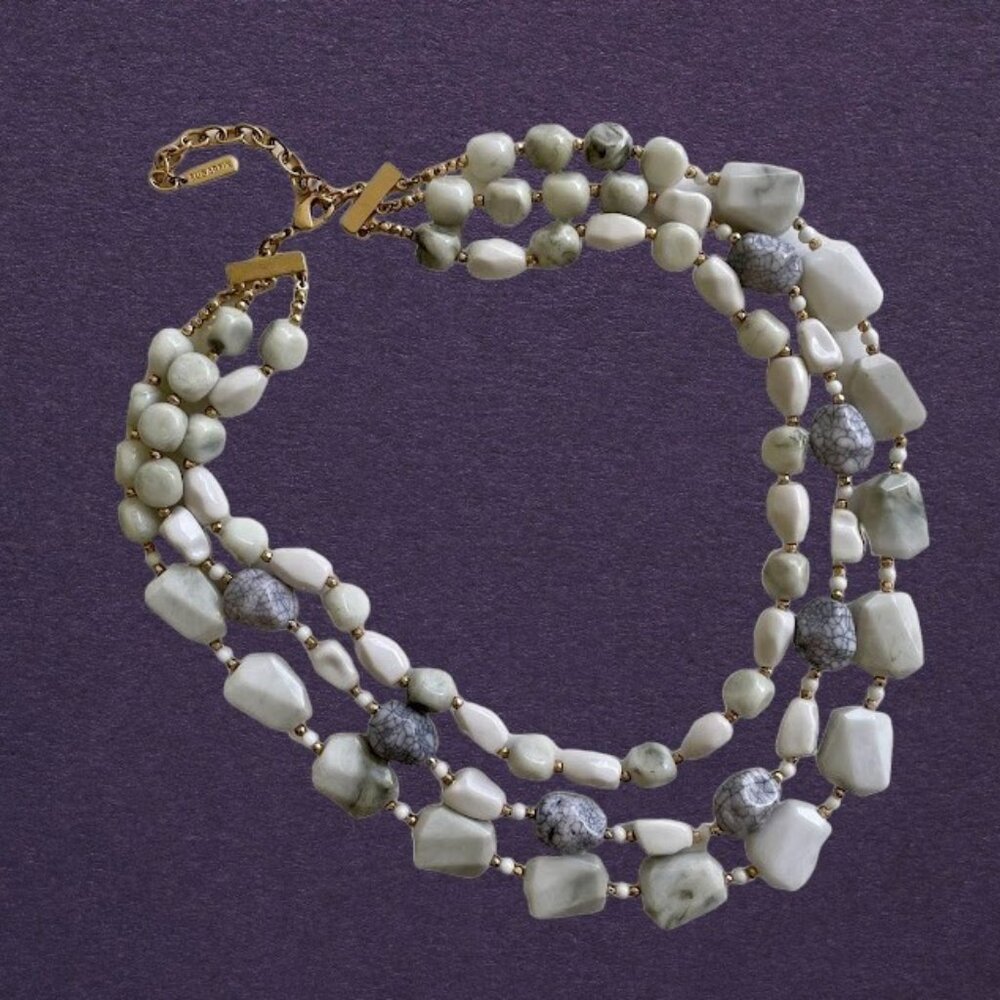 Sugarfix Grey White Beaded 3 Strand Tiered Necklace Gold Tone Retro Statement